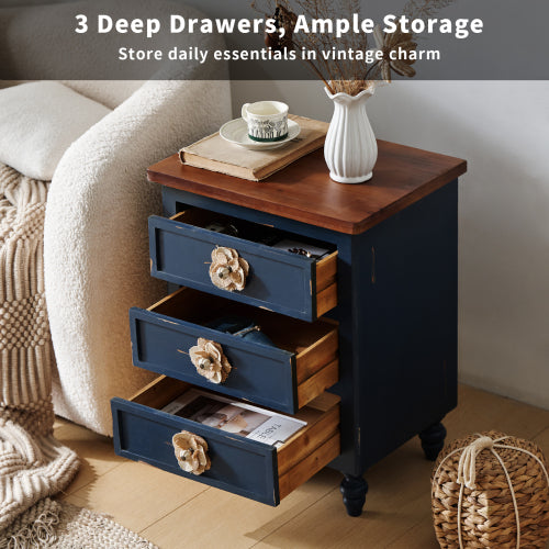 Navy Distressed 3-Drawer Farmhouse Nightstand