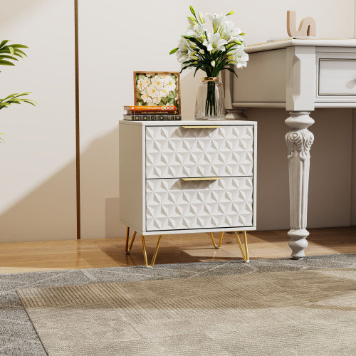 set of 2 nightstand with Light-Luxury Wall-Mounted Cabinet: 2 Drawers, Bottom support rail , Gold Legs & Handles, 3D Embossed, for Bedroom/Living Room/Office