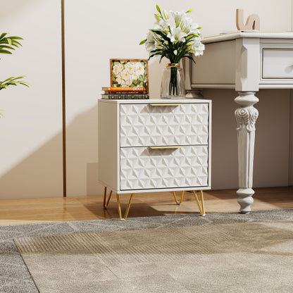 set of 2 nightstand with Light-Luxury Wall-Mounted Cabinet: 2 Drawers, Bottom support rail , Gold Legs & Handles, 3D Embossed, for Bedroom/Living Room/Office