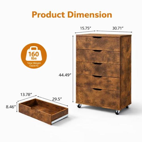 5 Drawer Dresser on Wheels Rustic Brown Rolling Chest of Drawers Mobile Storage Cabinet for Bedroom Closet, Wide Drawer Organizer, 30.71" W x 15.75" D x 44.49" H