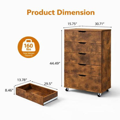 5 Drawer Dresser on Wheels Rustic Brown Rolling Chest of Drawers Mobile Storage Cabinet for Bedroom Closet, Wide Drawer Organizer, 30.71" W x 15.75" D x 44.49" H