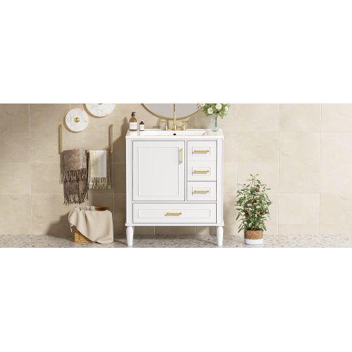 30" Bathroom Vanity with Ceramic Sink, Soft-Close Door with Built-in Shelf, Deep Drawer, Standard Drawer, Long Divider Drawer, Ample Storage Cabinet for Bathroom, Modern & Functional Design