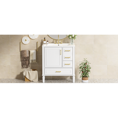 30" Bathroom Vanity with Ceramic Sink, Soft-Close Door with Built-in Shelf, Deep Drawer, Standard Drawer, Long Divider Drawer, Ample Storage Cabinet for Bathroom, Modern & Functional Design