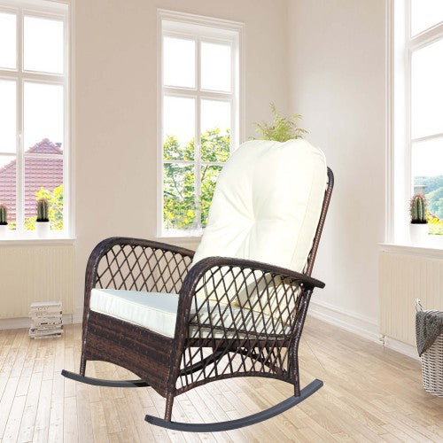 Outdoor Wicker Rocking Chair with Wide Seat, Thick, Soft Cushion, Rattan Rocker w/Steel Frame, High Weight Capacity for Patio, Garden, Backyard, Beige Cushion