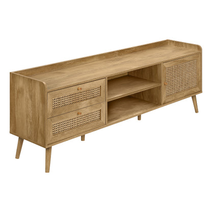 Walnut 72 inch TV Stand with Rattan Cabinets, Drawers and Storage