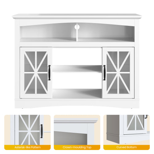 47 Inch White Farmhouse Retro TV Console with Glass Doors, LED Lights & UL Certified Fireplace Space