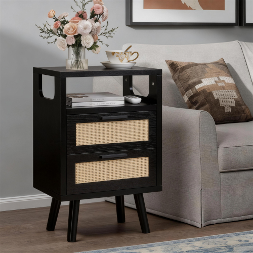 Black 2-Drawer Nightstand Set with Golden Metal Handles