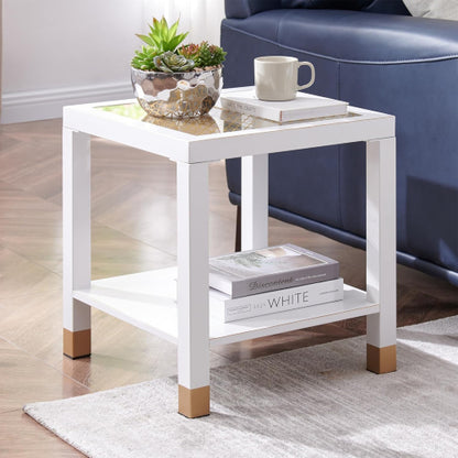 Modern Glass End Table with Metal Frame, 2-Tier Square Side Table for Living Room Bedroom Office, White