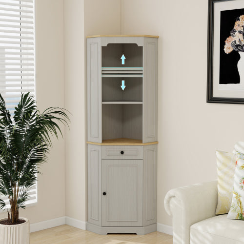 68" Tall Corner Cabinet, Freestanding Corner Storage Cabinet with 1 Door, 1 drawer and a Adjustable Shelf, Farmhouse Bar Storage Cabinet for Living Room, Dining room, Kitchen, Bathroom-Antique White