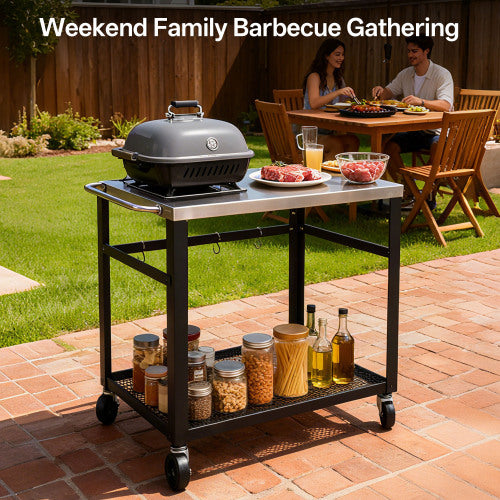 2-Tier Outdoor Grill Cart with Stainless Steel Top, Locking Wheels & Tool Hooks, Movable BBQ Prep Table with Mesh Shelf, Rolling Serving Bar Cart for Patio, Backyard, Pizza Oven Stand, Black