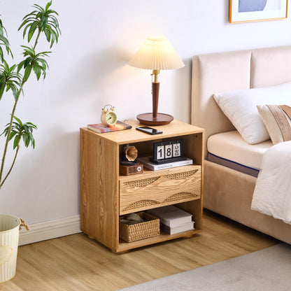 Mid Century Modern Rattan Nightstand with Charging Station USB Ports & Outlet Hole & 4 Solid Wood Bases, Farmhouse End Table with Open Space and Drawer Dresser, Natural
