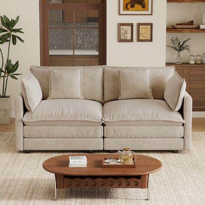 Light-Coffee Chenille Upholstered 2-Seat Deep-Seat Modular Sofa with 4 Pillows for Living-Room Bedroom
