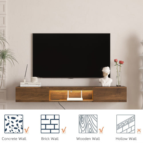 Black Floating 63 inch TV Stand with 16 Color LED Lights and Storage