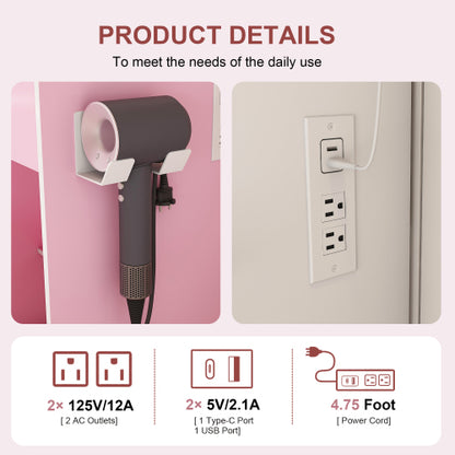 Pink Compact LED Vanity Table Set, Power Outlet, Hairdryer Holder, Drawers & Upholstered Stool
