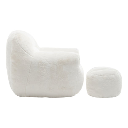 White Faux-Fur Bean Bag Sofa Chair with Back Support & Matching Footstool