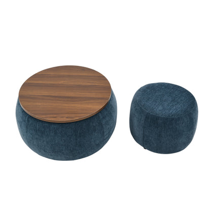 Dark Blue Round Pleated Fabric Storage Ottoman, Includes Matching Small Stool, 250 LBS Load Capacity, 25 inch x25 inch x14.7 inch