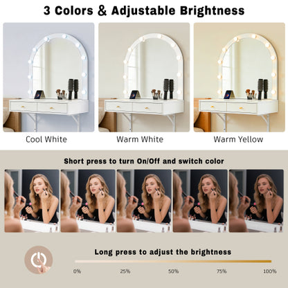 White Floating Wall Mounted Vanity Desk with LED Mirror, 3 Color Lights, Power Outlet & USB, Large Storage