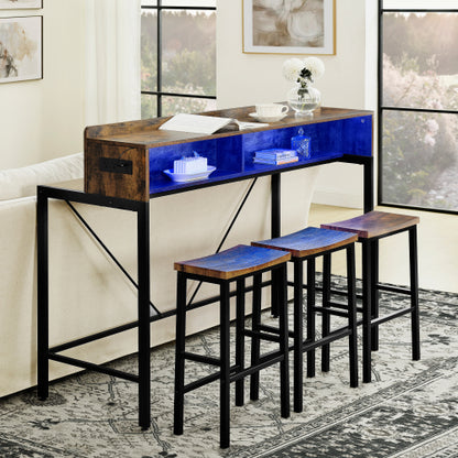 4-Piece 59inch  Bar Table Set with LED Light & Outlet, MDF Table & 3 Saddle Stools for Living Room