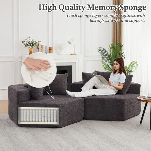 54-Inch Hexagonal Modular Chenille Lounge Chair, Spring-Coil Filling, 3 Pillows, Non-Slip Bottom for Game-Room Living-Room