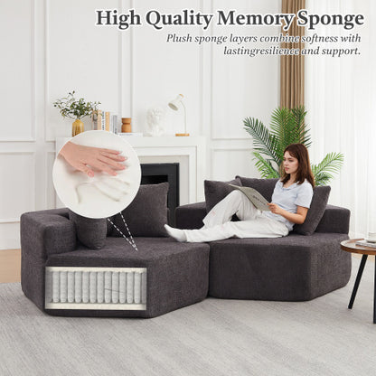 54-Inch Hexagonal Modular Chenille Lounge Chair, Spring-Coil Filling, 3 Pillows, Non-Slip Bottom for Game-Room Living-Room