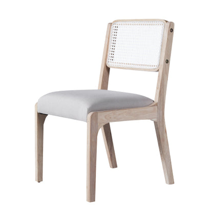 Set of 2 Beige Modern Farmhouse Linen Dining Chairs, Rattan Back Solid Rubberwood Padded Side Chairs