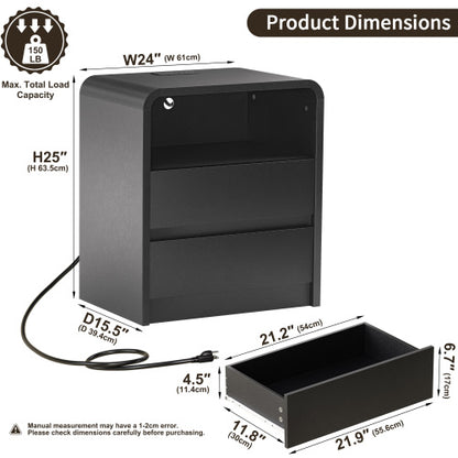 Black Smooth 2-Drawer Nightstand with Charging Station, Mid-Century USB Bedside Table