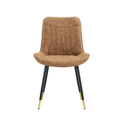 Set of 2 Brown Leathaire Tech Fabric Dining Chairs, Black Semi-Gloss Metal Leg Gold Trim Adjustable Feet Vertical Stitch High Back