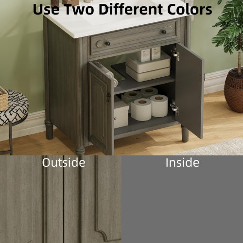 31" Vintage Bathroom Vanity with Sink, Rustic Bathroom Cabinet with Soft Close Doors and Adjustable Shelf, Curved Profile Design, Rubber Wood Legs, Gray