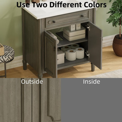 31" Vintage Bathroom Vanity with Sink, Rustic Bathroom Cabinet with Soft Close Doors and Adjustable Shelf, Curved Profile Design, Rubber Wood Legs, Gray