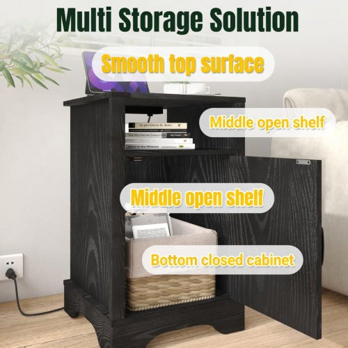 Set of 2 Farmhouse Nightstands with Charging Station, Black Storage Side Tables 16inch x 16inch x 25inch