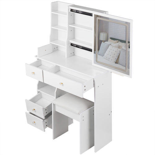 29.2 inch  Small Vanity Table Set w/ LED Mirror, Left Drawer, 3-Color Dimmable Light & Cushioned Stool