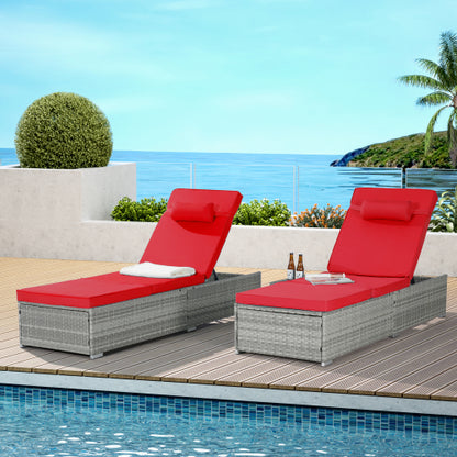 Outdoor Chaise Lounge Chair Set of 2 with Patio Pool Chairs Tanning Lounges for Outside,Beach Rattan Recliners with Adjustable Backrest, Table, Cushion for Poolside Backyard Garden