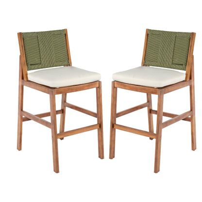 Outdoor Acacia Wood Bar Stools (Set of 2), Teak Finish Bar Height Chairs with Cream Cushion & Green Wicker Back, Counter Height Stools for Patio, Poolside, Kitchen Island