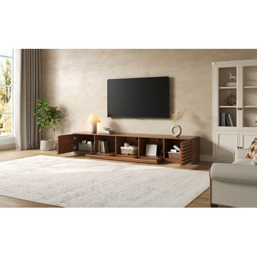 86.6 inch Walnut Legless Horizontal Slat Flip Door TV Stand Low Profile Media Console Fits 90 inch TV