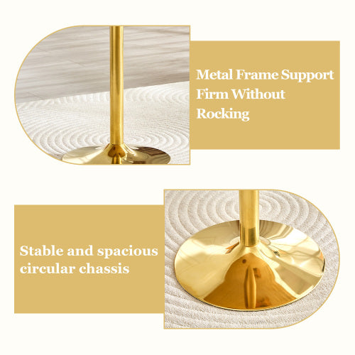 5-Piece Brown Ring Glass Round Dining Set, Gold Frame Table & 4 White PU Shell Chairs