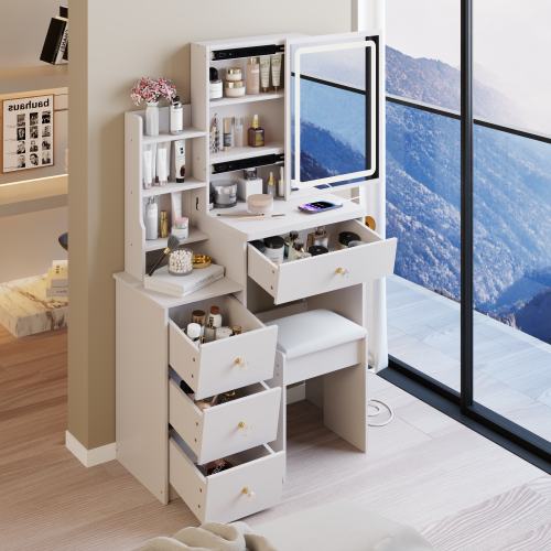 29.2" Small Size Left Bedside Cabinet Vanity Table + Cushioned Stool, 2 AC+2 USB Power Station, Hair dryer bracket, Extra Large Touch Control Sliding LED Mirror, Tri-color Switching, Brightness Adjust