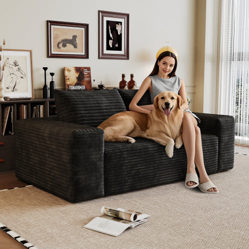 63 inch  Black Corduroy Loveseat 2-Seater Deep-Seat Sofa, No Assembly