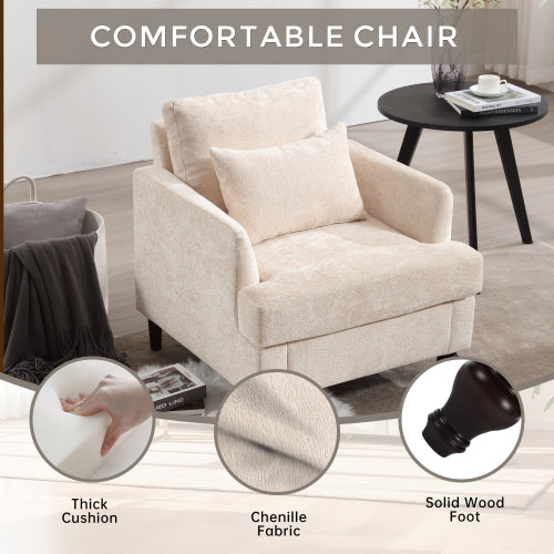 Beige Chenille Tufted Studded Wood-Frame Mid-Century Accent Chair