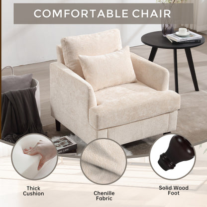 Beige Chenille Tufted Studded Wood-Frame Mid-Century Accent Chair