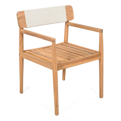 CREATIVE BRAIDED ACACIA WOOD OUTDOOR DINING TABLE AND CHAIRS WITH ARMRESTS, SUITABLE FOR OUTDOOR DINING AND LEISURE PLACES, TEAK LOOK & WHITE ROPE,SET OF 2