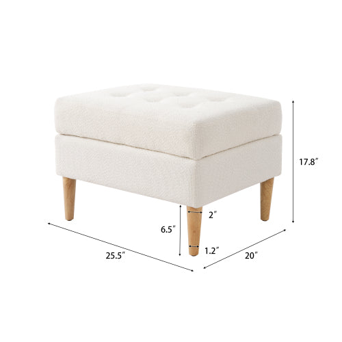 Ivory Tufted Boucle Ottoman with Solid Rubberwood Legs, 350+ LBS Low Profile Multifunctional Accent Stool