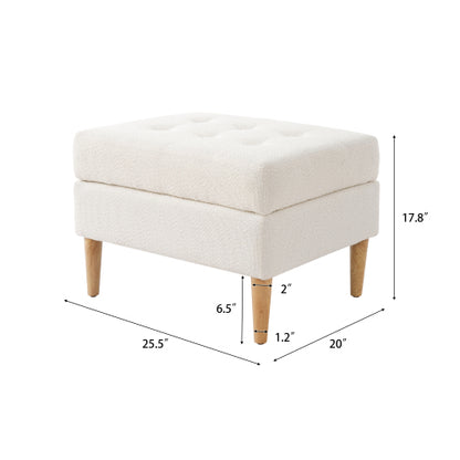 Ivory Tufted Boucle Ottoman with Solid Rubberwood Legs, 350+ LBS Low Profile Multifunctional Accent Stool