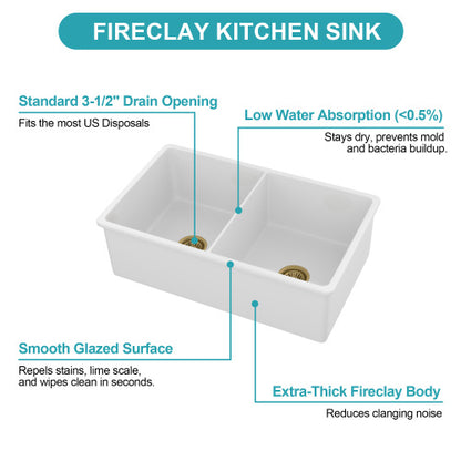 32"x19"x10" Undermount Double Bowl Porcelain Fireclay Kitchen Sink - Dual Mount White Fireclay Rectangular Deep Double Bowl Sink Basin