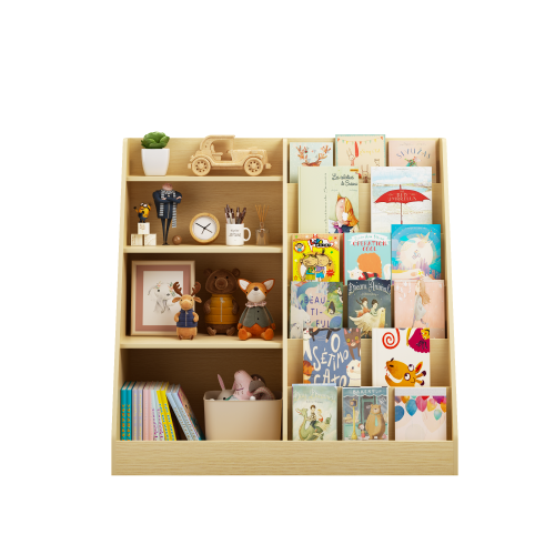 Natural Tone 4-Tier Kids MDF Bookshelf with Anti-Tip Kit, 2-Shelf 1-Bin Nursery Toy Storage Rack