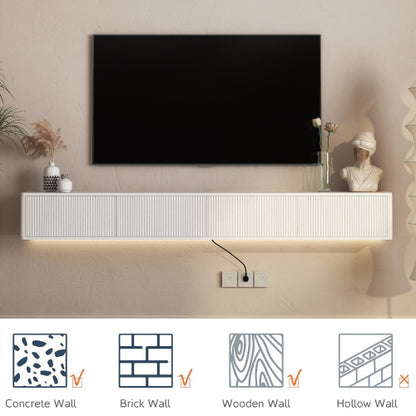 White Floating Wall Mount High Gloss TV Stand with 16 Color LED Lights & Power Outlet