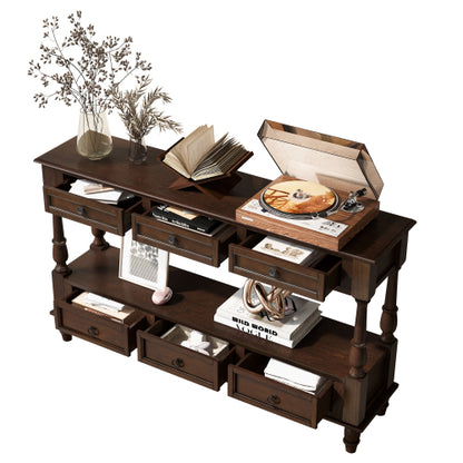 54 Inch Solid Wood Console Table with 6 Drawers & Shelf Espresso Brown