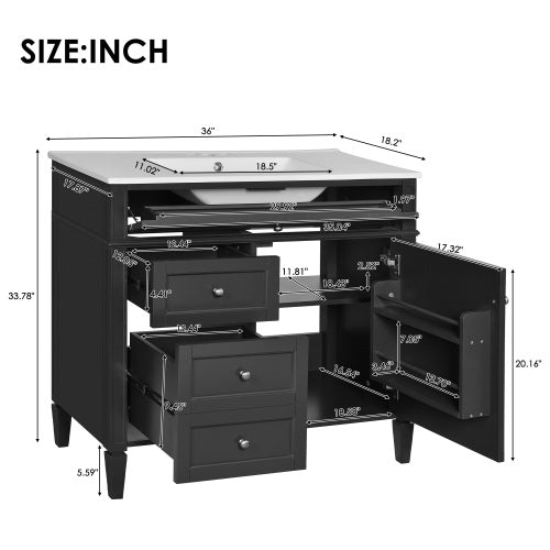 36'' Bathroom Vanity with Top Sink, Modern Bathroom Storage Cabinet with 2 Drawers and a Tip-out Drawer, Single Sink Bathroom Vanity