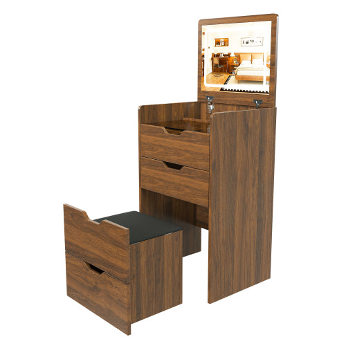 Walnut 3-in-1 Vanity Desk with Lighted Mirror & Stool, Flip Top Makeup Table, Compact Storage for Bedroom