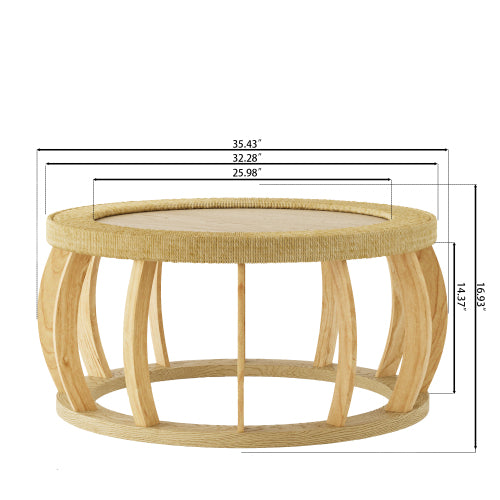 35.43inch  Round Vintage Rattan Coffee Table Solid Wood Boho Curved Leg Accent