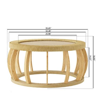 35.43inch  Round Vintage Rattan Coffee Table Solid Wood Boho Curved Leg Accent